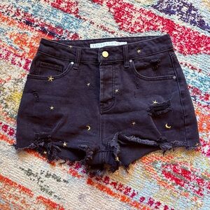 Tinseltown Black Denim Shorts with Star and Moon Accents